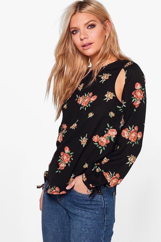 Helena Printed Woven Cut Out Tie Sleeve Blouse